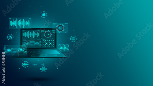 Web development and digital data accounting. Synchronization of work data with cloud storage. Protecting voice messages with digital software.  Technological accounting. Landing page banner.  © Buffik