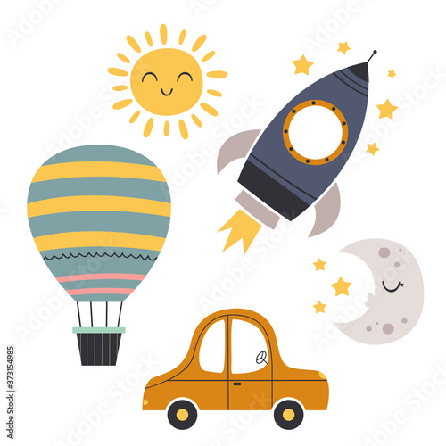 set of bohemian baby icons with transport, moon, sun
-  vector illustration, eps
