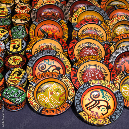 Colorful pottery  craft market of Pisac  near Cusco  Peru