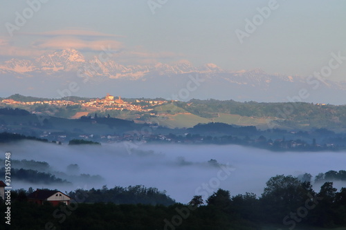 A view of the dense fog shrouding the Monferrato Astigiano hills in Piedmont. 