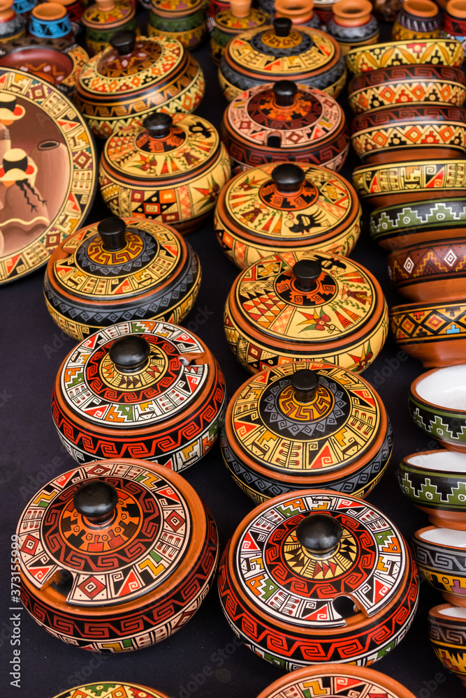 Colorful pottery, craft market of Pisac, near Cusco, Peru