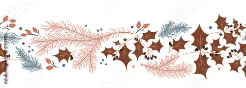 Vector Folk art ornament. Christmas isolated illustration. Natural botanical seamless pattern for New Year floral border and holiday frame design. Winter sale fair pattern. Xmas panoramic decorations.