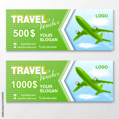 Gift Travel Voucher design for 500 and 1000 dollars with flying airplane. Concept for summer vacation, travel agency and sale ticket. Vector illustration