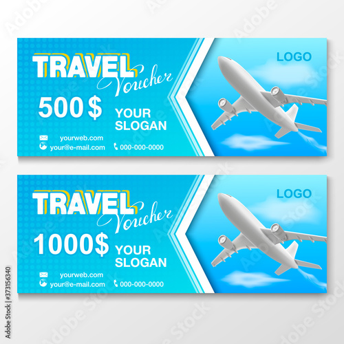 Gift Travel Voucher design for 500 and 1000 dollars with flying airplane. Concept for summer vacation, travel agency and sale ticket. Vector illustration