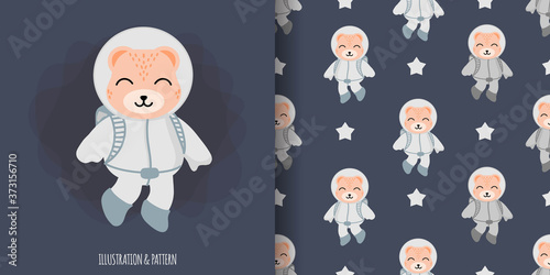 CUTE ASTRONAUTANIMAL PROFESSIONS CHARACTER ILLUSTRATION WITH SEAMLESS PATTERN photo