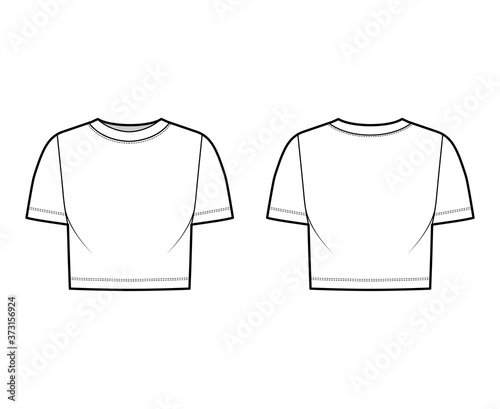 Cropped cotton-jersey t-shirt technical fashion illustration with scoop neck, short sleeves, relax fit. Flat outwear apparel template front, back, white color. Women, men, unisex top CAD mockup. 