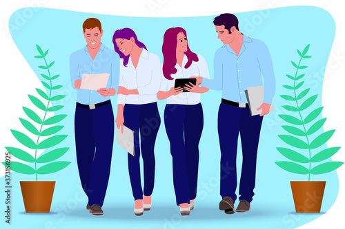 A group of people, two women and two men, go and discuss their affairs. Flat vector image