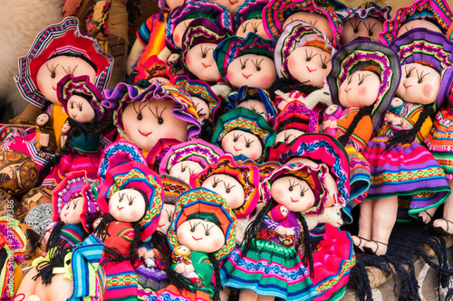 Peruvian traditional colourful handicraft textile fabric in Cusco, Peru