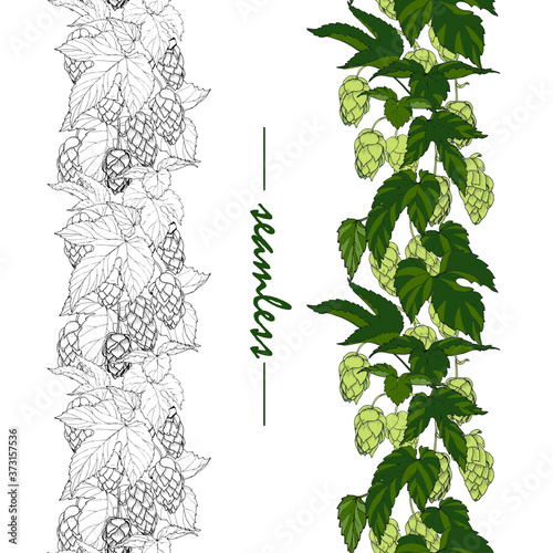 leaves and cones of hop, hops ingredient for making beer, seamless vector ornament