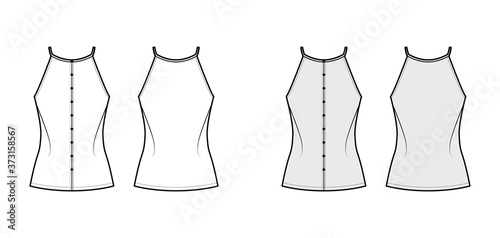 Camisole technical fashion illustration with relaxed fit, thin, racerback straps, row of buttons. Flat outwear tank apparel template front, back white grey color. Women men unisex shirt top CAD mockup
