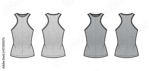 Ribbed cotton-jersey tank technical fashion illustration with racer-back straps, slim fit, crew neckline. Flat outwear top apparel template front, back, white grey color. Women, men unisex shirt knit