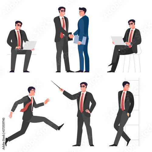 Flat design young businessman pose set, handshaking, working with notebook running, making presentation, waiting in the office.