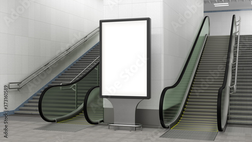 Photography Blank billboard stand with escalator and stairs.