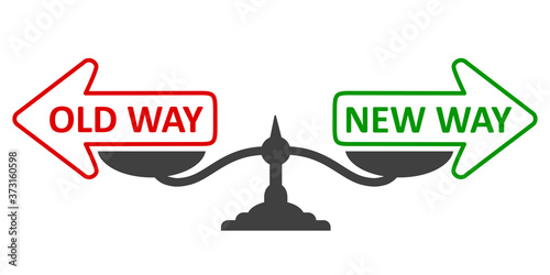 Old way vs new way icon, improvement and change management business concept with arrows and weight sign - stock vector