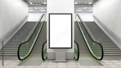 Принти на полотні Blank billboard stand with escalator and stairs.