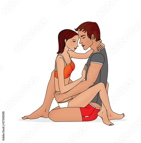 Photography Girl is sitting on the lap of a young man
