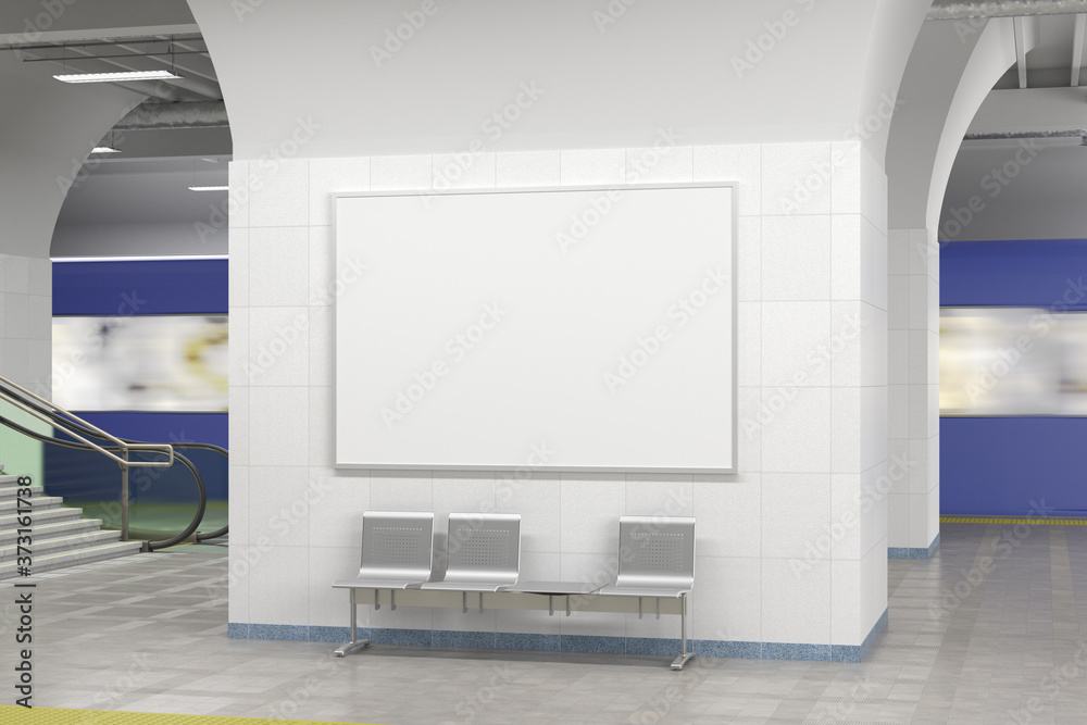 Blank horizontal poster mock up on the wall of underground subway station. Blank horizontal poster mock up on the wall of underground subway station.