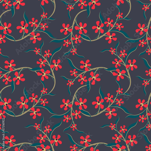 Vector seamless pattern with fantasy flowers, leaves, twigs. Elegant floral background. Simple ditsy texture. Liberty style wallpapers. Red, gold, dark blue, teal color. Repeat design for decor, print