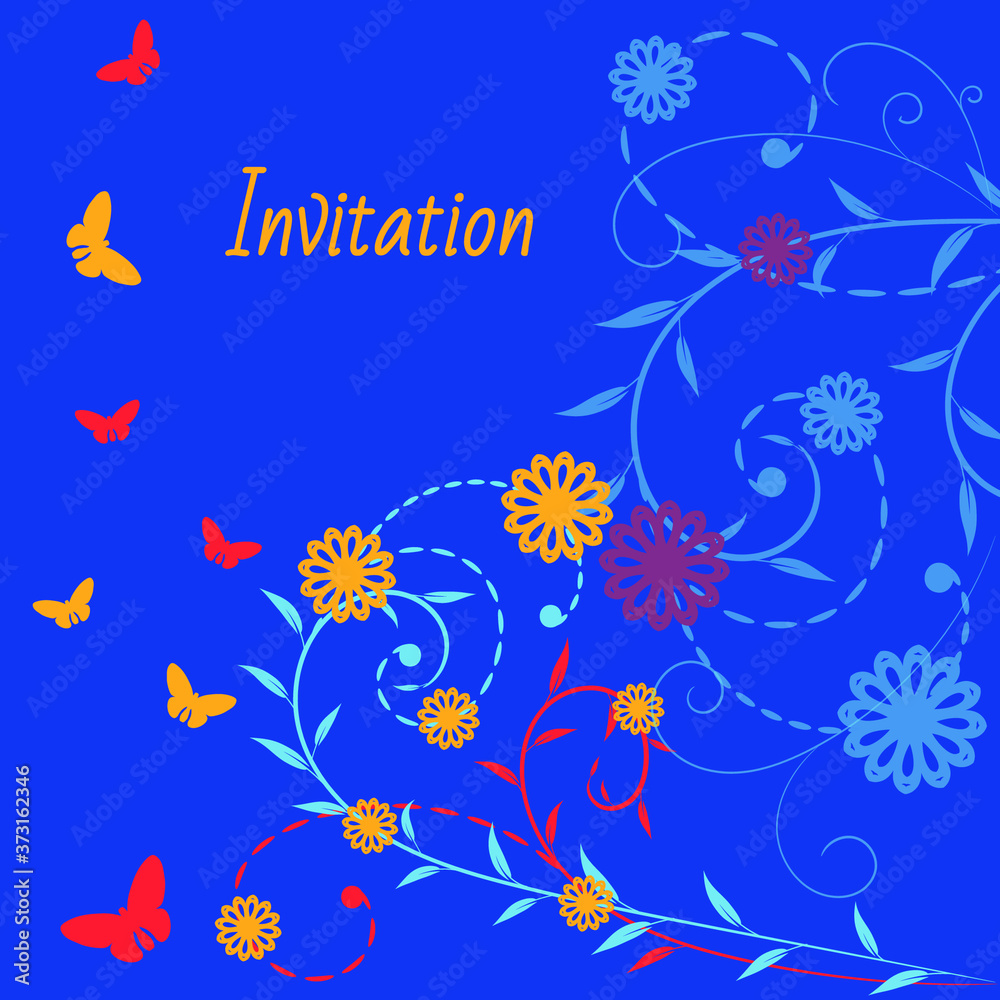 Bright Greeting card design template. Flower card with butterflies. Floral card for greetings or invitations. Decorative plant and flower element. Vector illustration