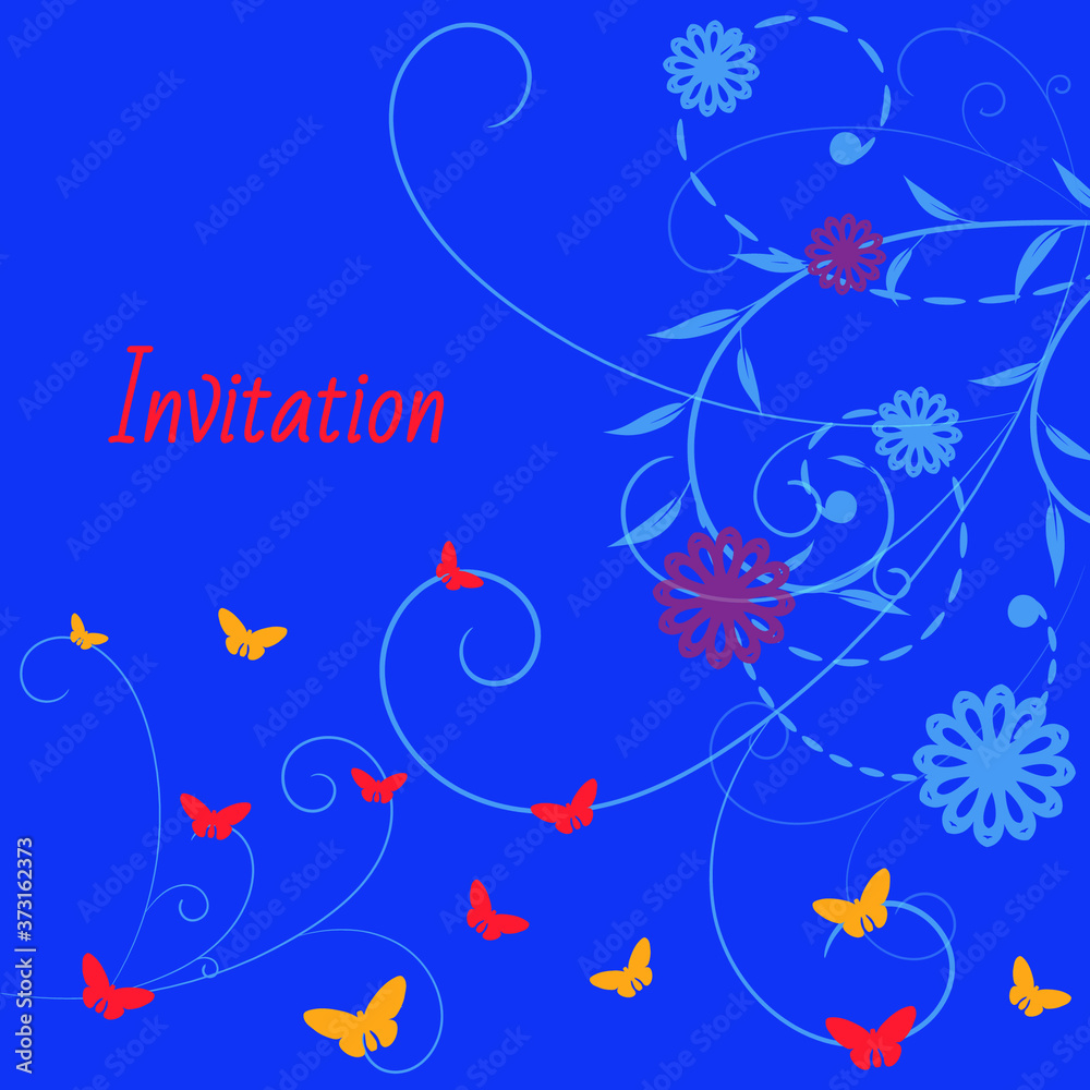 Bright Greeting card design template. Flower card with butterflies. Floral card for greetings or invitations. Abstract vector flower background. Flower invitation, abstract elegant pattern. Vector.