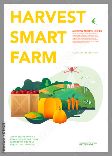 Vector Illustration of smart farm, ranch, agriculture, farming. Harvest of pumpkins, apples and corn. Thanksgiving day. vector illustration. Template for a poster, annual report