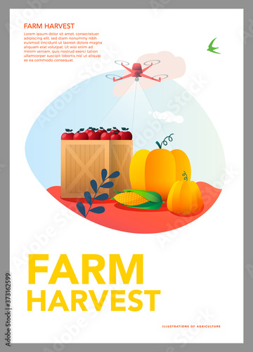 Vector Illustration of smart farm, ranch, agriculture, farming. Harvest of pumpkins, apples and corn. Thanksgiving day. vector illustration. Template for a poster, annual report.