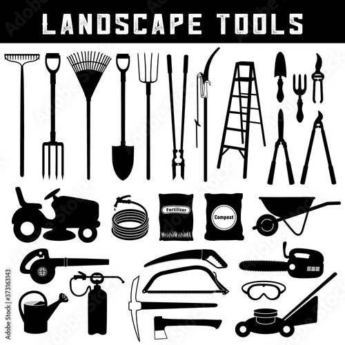 Landscape Tools, Do it Yourself for garden, lawn, grass, trees, orchard care and maintenance, twenty-six silhouette icons isolated on white background.