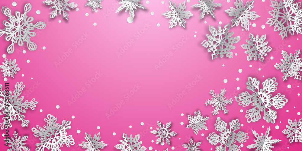 Christmas background with volume paper snowflakes with soft shadows on pink background