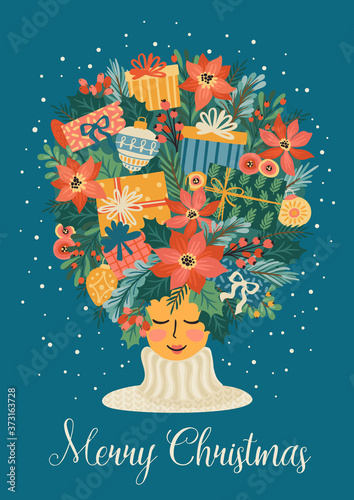 Christmas and Happy New Year illustration with cute woman.