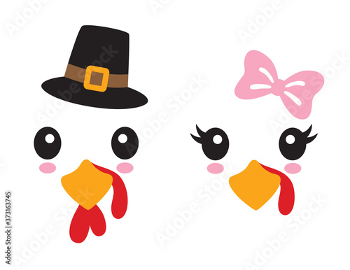 Cute boy and girl turkey face vector illustration. Cute Thanksgiving turkey face.