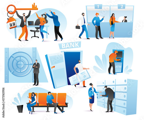 Banking financial services in bank set of vector illustration. Credit payment, counter desk, cashier, consulting and queuing for ATM, currency exchange. Money and bank interior transactions.