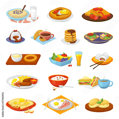 Classical hotel breakfast food menu meal set of isolated vector illustrations. Coffee, fried eggs bacon, toasts and orange juice, croissant, jam and cereal. Restaurant traditional breakfast food.