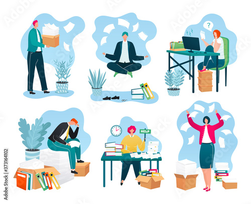 Business papers in office, piles of documents, reports on workplace, paperwork set of vector illustrations. Businessman with huge pile of paper work. Overloaded workers and bureaucracy.