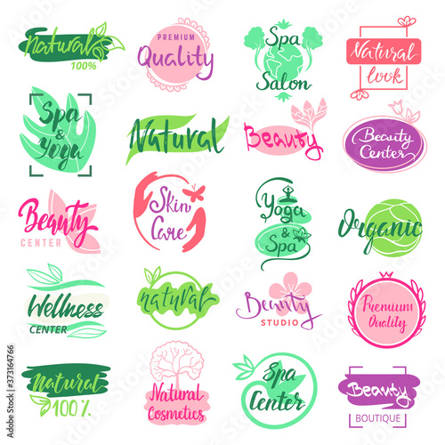 Cosmetics labels and badges collection, set of vector illustrations. Floral i...