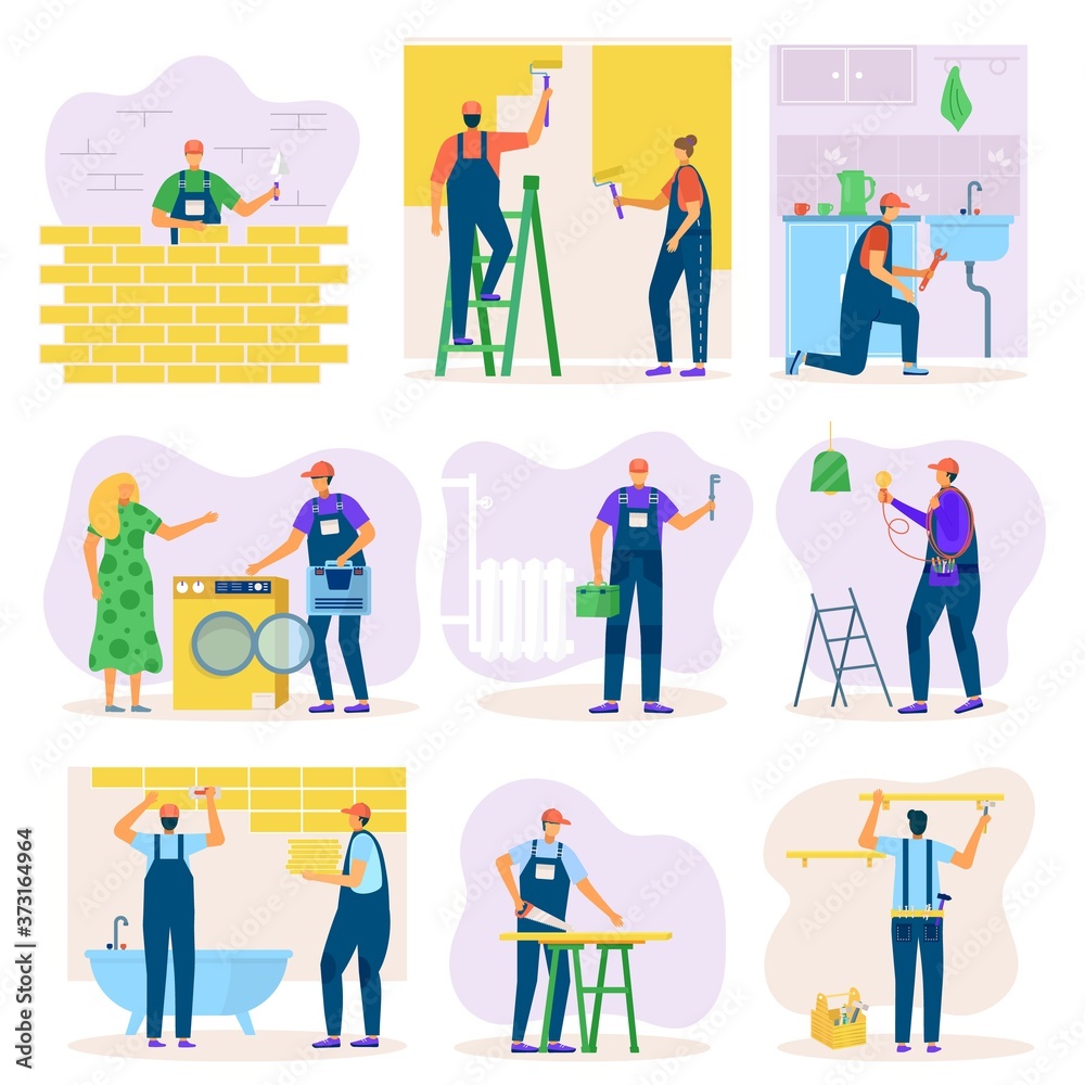 Home renovation of interior or construction improvement with workers set of vector illustration. Craftsman team working in room, repair, build. Renewal of house, electric maintenance works.