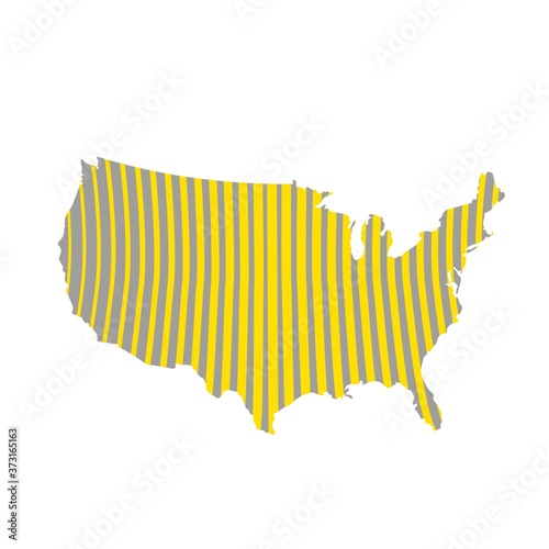 Geographic map of the United States of America with striped gray and yellow texture. Abstract vertical lines in shape of America's borders.