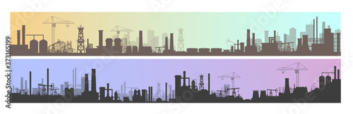 Industry  factory and manufacture landscape vector illustrations. Cartoon flat industrial panoramic area with manufacturing plants  power stations  warehouses  cooling tower silhouettes background