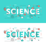 Science word thin line vector illustration set. Flat infographic website design collection with scientific research educational symbols, school education elements