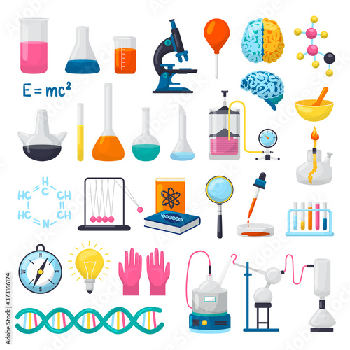 Science and laboratory equipment icons set of vector illustrations. Flasks, beakers, microscope, chemical formulas of dna, brains and scientifical research experiments supplies. Scientists objects.