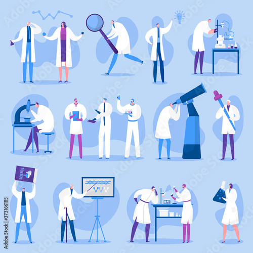Scientists characters set, people of science, doctors male and female people in laboratory isolated vector illustrations. Scientific research and experiments, tests, medicine and educations.
