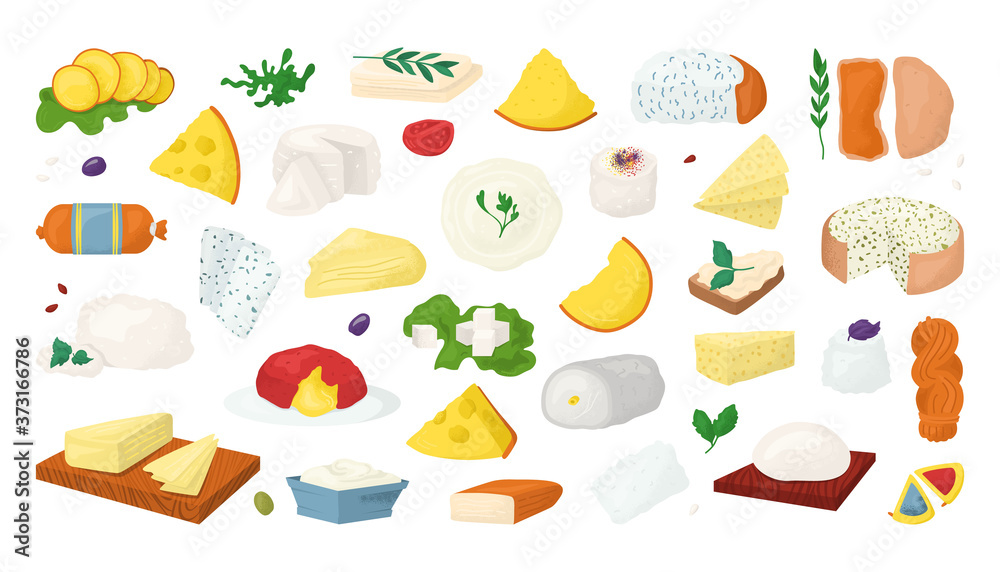 Cheese types vector illustrations set isolated on wite. Slices of parmesan, cheddar, fresh food icons. Swiss cheese, gauda, roquefort, brie gourmet pieces. Edam, mozzarella cheesy collection.