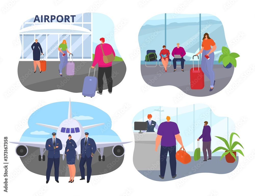 Φωτογραφία People in airport, flat man woman travel with luggage in set vector illustration