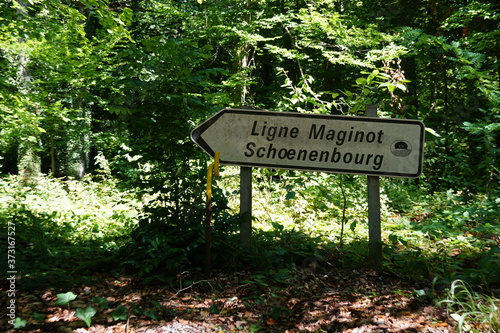 A direction shield pointing to Maginot line and its fortification Schoenenbourg in Eastern France on the Border with Germany. The shield is directing the visitors and tourists who come for sightseeing photo