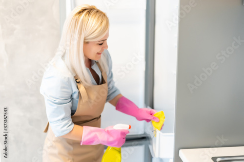 Cute housewife cleaning the kitchen