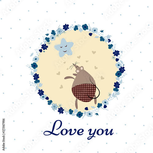 Vintage invitation card with mouses, floral frame, vector illustration