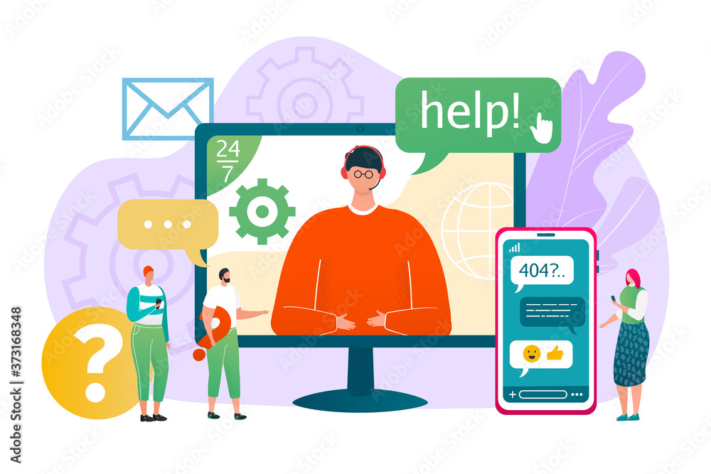 Business customer help service, vector illustration. Online support assistant at smartphone, man in headset call center. Assistance chat with client, internet hotline phone for people. Business customer help service, vector illustration. Online support assistant at smartphone, man in headset call center. Assistance chat with client, internet hotline phone for people.