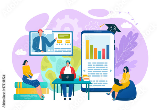 Internet university, student study at distance education concept vector illustration. Online knowledge technology at flat digital smartphone app. People character use mobile course.