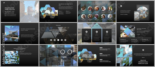 Vector templates for website design, presentations, portfolio. Templates with triangles, triangular pattern for presentation slides, flyer, leaflet, brochure cover. Backgrounds with place for photo.