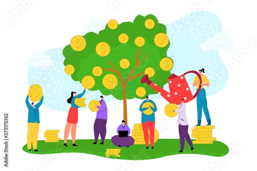 Fototapeta Naklejka Na Ścianę i Meble -  Money business investment coin tree, vector illustration. Cartoon financial profit concept, flat finance wealth concept. Businessman woman people pick banking cash income, currency growth.