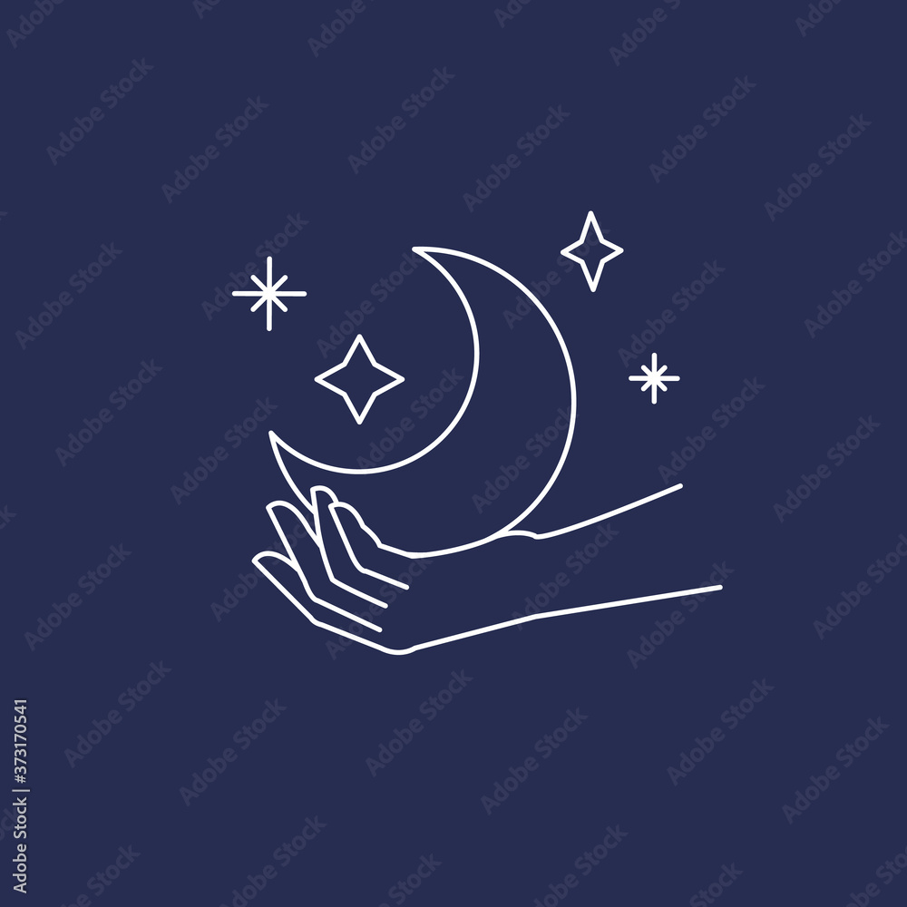 Woman's hand holding moon and stars, magic mystical symbol. Abstract logo template for your design, line art style. Vector illustration